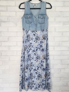 Vintage 90s California Concepts Maxi Dress Denim Vest Top Floral Bottom Size 5